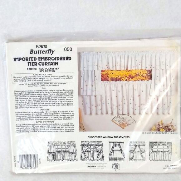 Imported Embroidered Tier Curtain Butterfly Floral Whimsy 70x36" Pair NEW Vintag - Picture 4 of 6